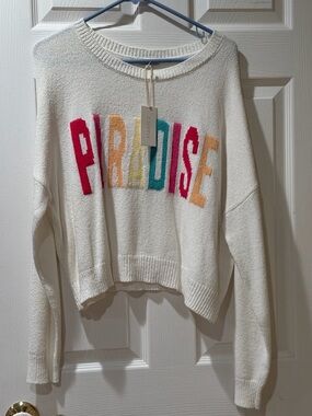 Z Supply Cream Knit Sweater with Multicolor 'PARADISE' Letters